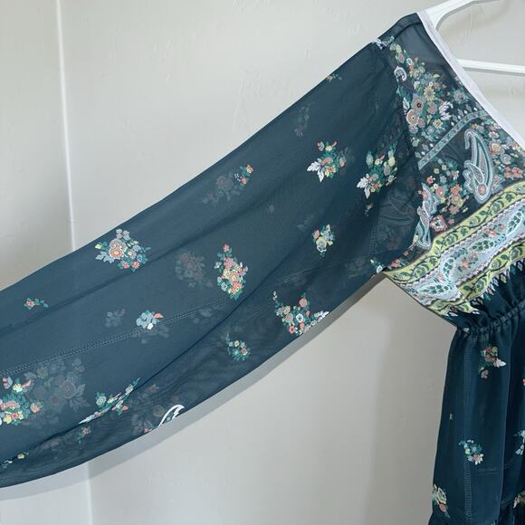 Boho Sheer Floral Tiered Mini Dress Deep V-Neck Long Sleeve XS/S Green Paisley - Picture 5 of 7